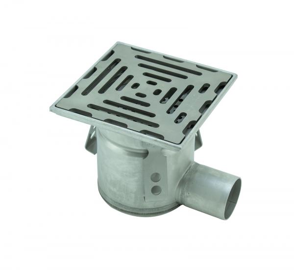 Edelstahl Hofablauf, Kellerablauf 15 x 15cm Ablauf DN 50 waagerecht